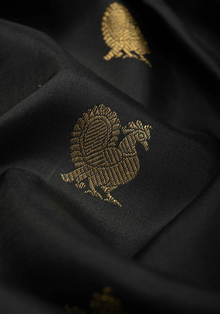 Black Handloom Pure Silk Kanchipattu Saree with Zari Buttas and Contrast Rettaipet Zari Border  | SILK MARK CERTIFIED