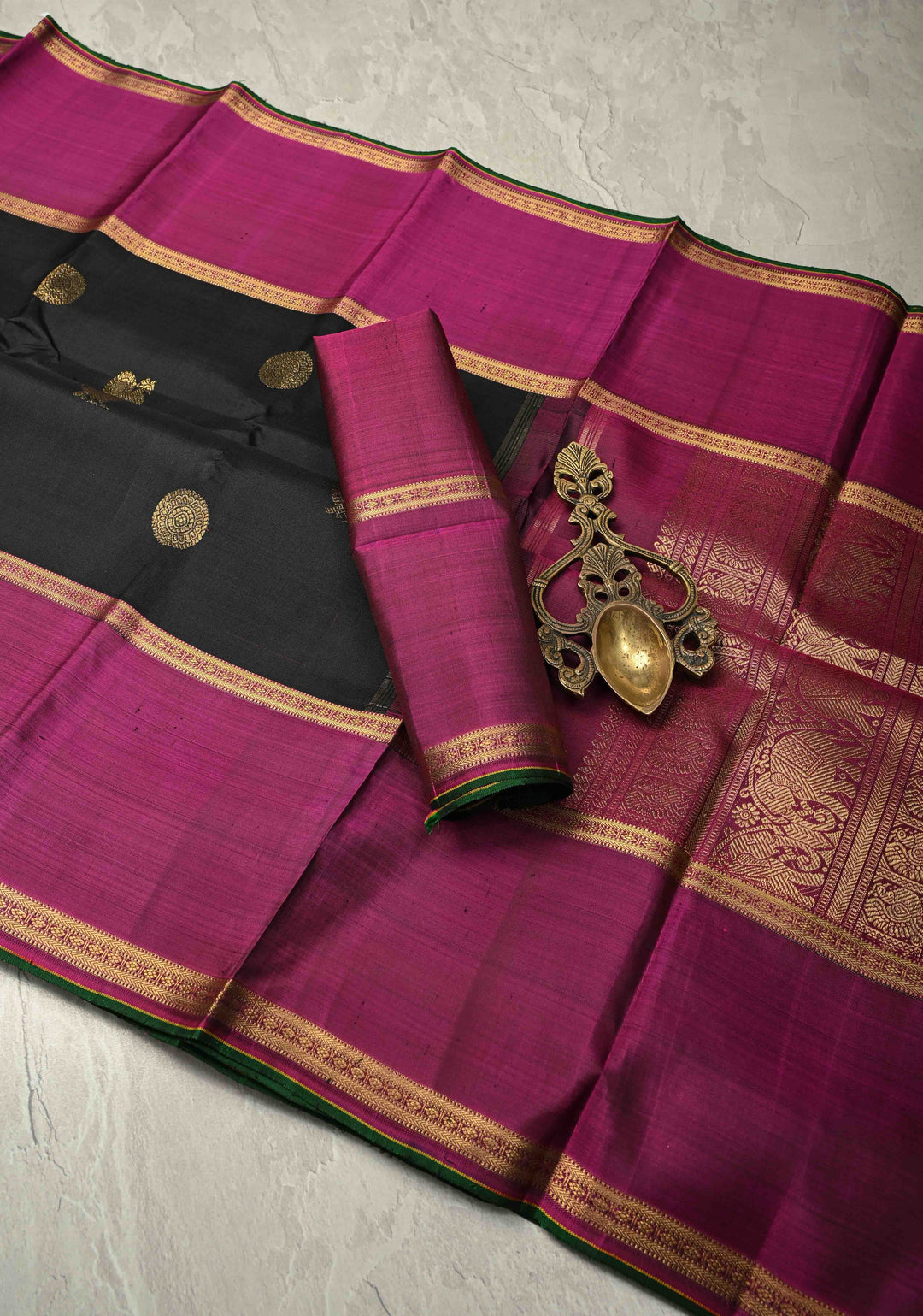 Black Handloom Pure Silk Kanchipattu Saree with Zari Buttas and Contrast Rettaipet Zari Border  | SILK MARK CERTIFIED