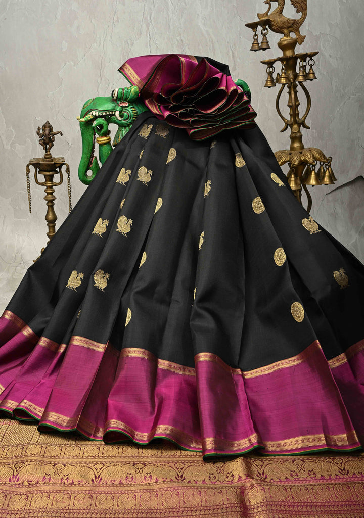 Black Handloom Pure Silk Kanchipattu Saree with Zari Buttas and Contrast Rettaipet Zari Border  | SILK MARK CERTIFIED