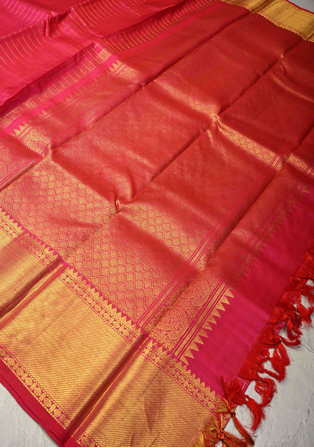 Hot Pink Handloom Pure Silk Kanchipattu Saree with Zari Checks and Zari Border | SILK MARK CERTIFIED