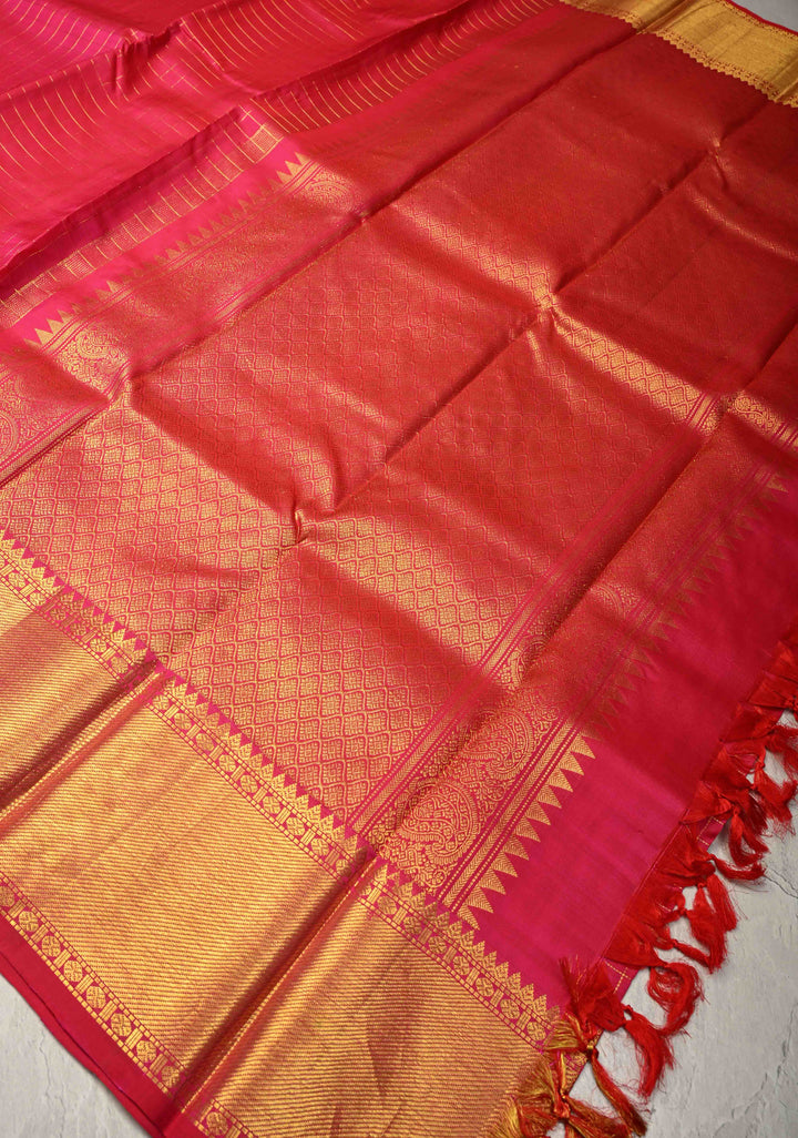 Hot Pink Handloom Pure Silk Kanchipattu Saree with Zari Checks and Zari Border | SILK MARK CERTIFIED