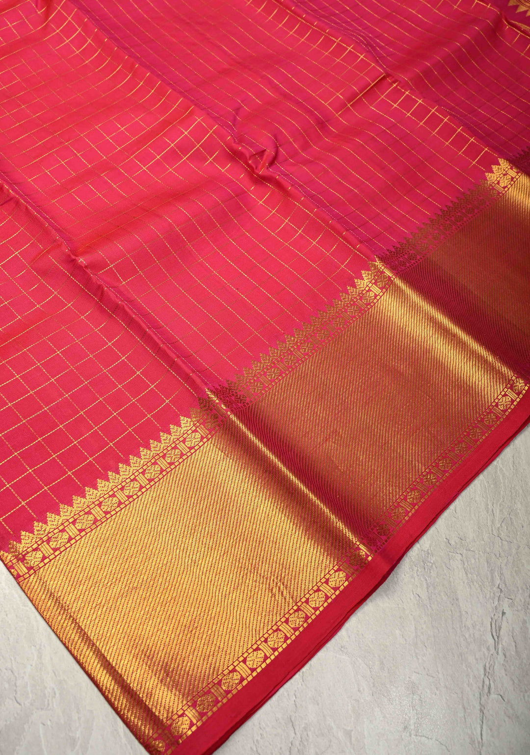 Hot Pink Handloom Pure Silk Kanchipattu Saree with Zari Checks and Zari Border | SILK MARK CERTIFIED