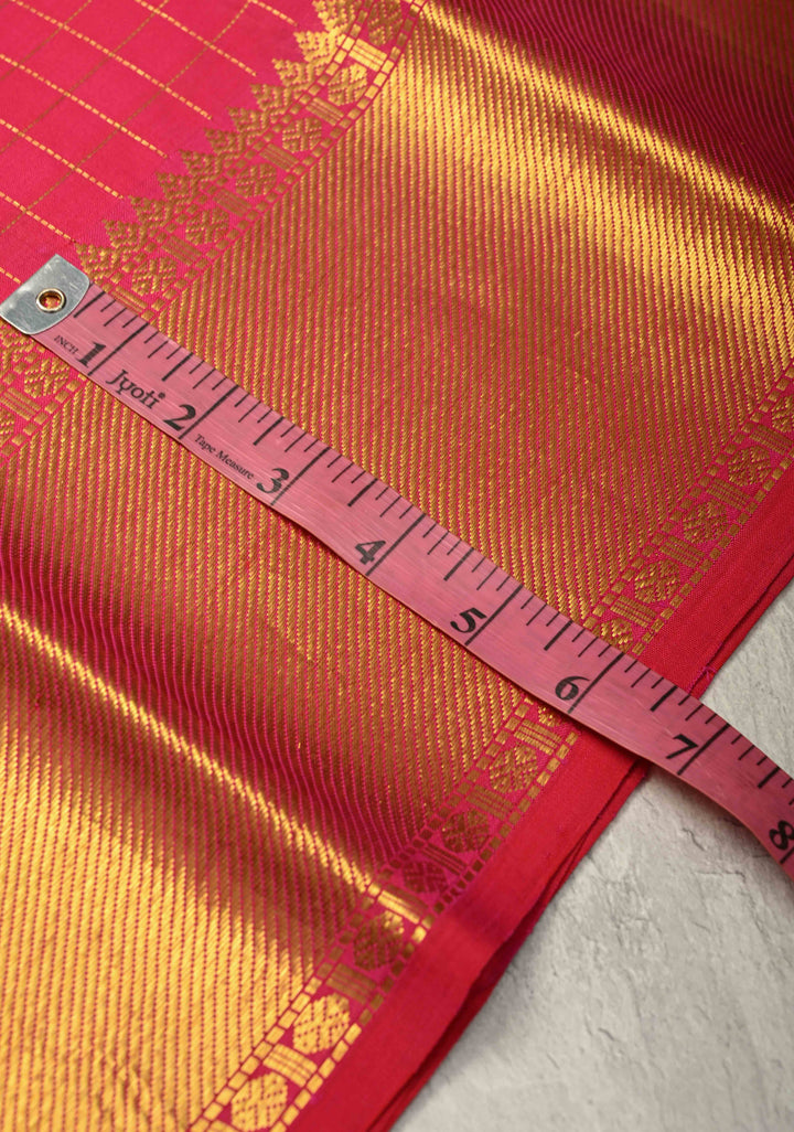 Hot Pink Handloom Pure Silk Kanchipattu Saree with Zari Checks and Zari Border | SILK MARK CERTIFIED