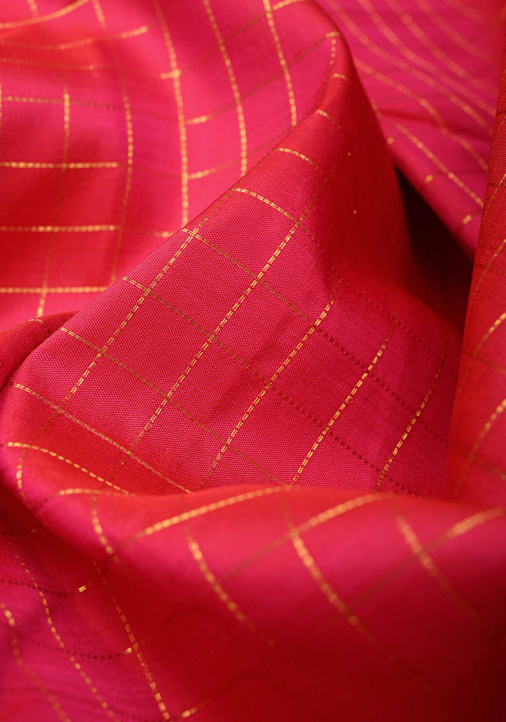Hot Pink Handloom Pure Silk Kanchipattu Saree with Zari Checks and Zari Border | SILK MARK CERTIFIED