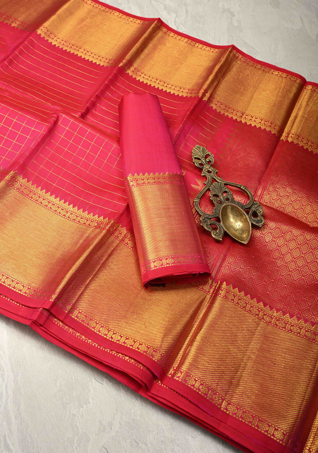 Hot Pink Handloom Pure Silk Kanchipattu Saree with Zari Checks and Zari Border | SILK MARK CERTIFIED