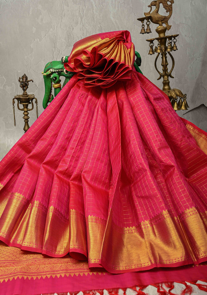 Hot Pink Handloom Pure Silk Kanchipattu Saree with Zari Checks and Zari Border | SILK MARK CERTIFIED