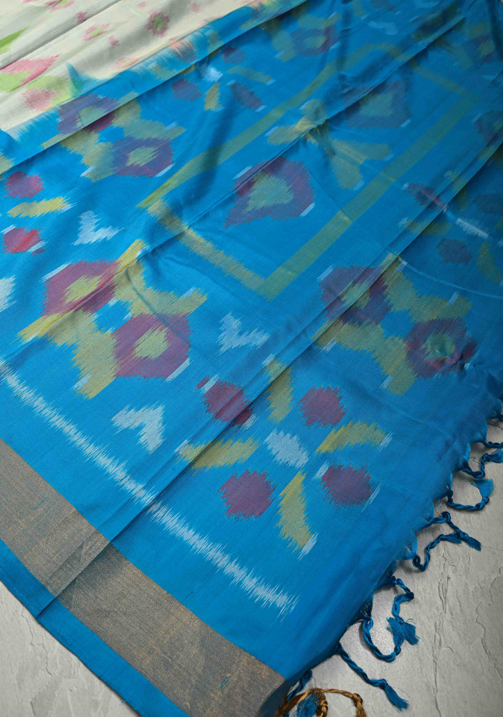 Ivory-Blue Handloom Pure Mulberry Silk Saree With Panel and muted Zari Border| SILK MARK CERTIFIED