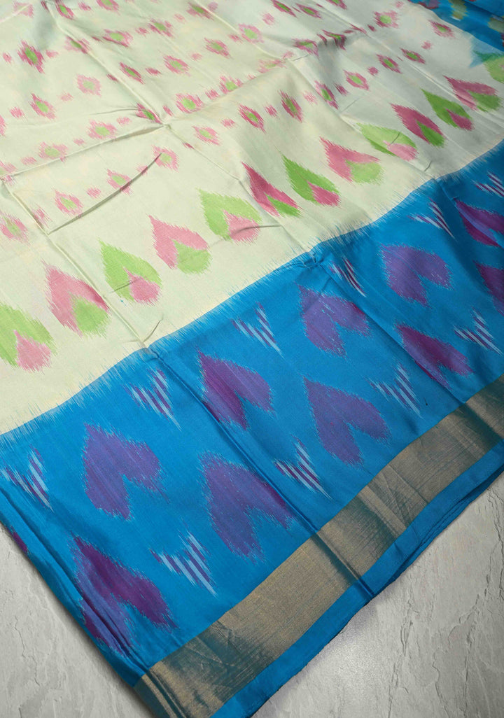 Ivory-Blue Handloom Pure Mulberry Silk Saree With Panel and muted Zari Border| SILK MARK CERTIFIED