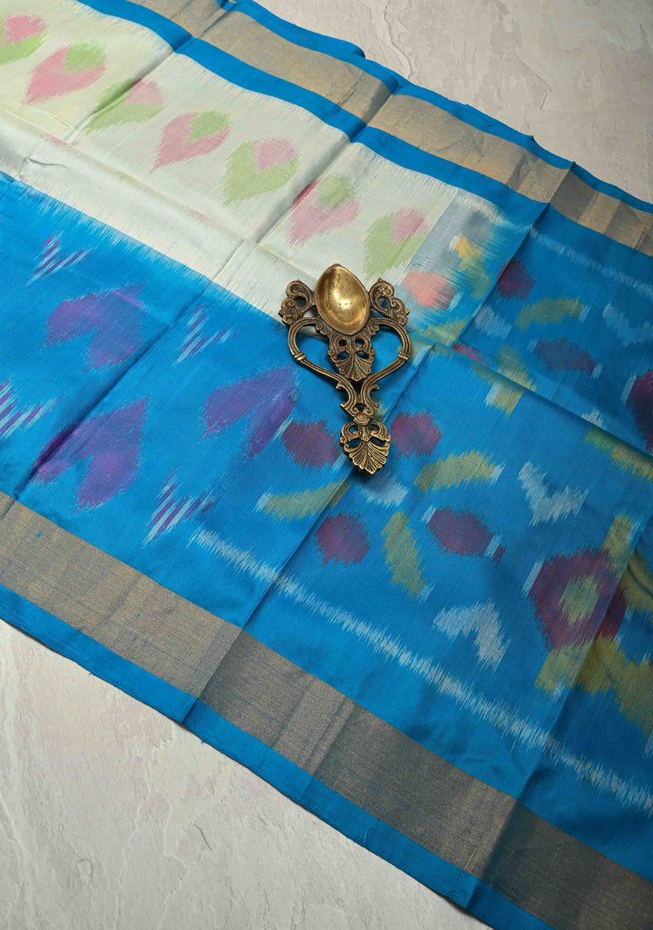 Ivory-Blue Handloom Pure Mulberry Silk Saree With Panel and muted Zari Border| SILK MARK CERTIFIED