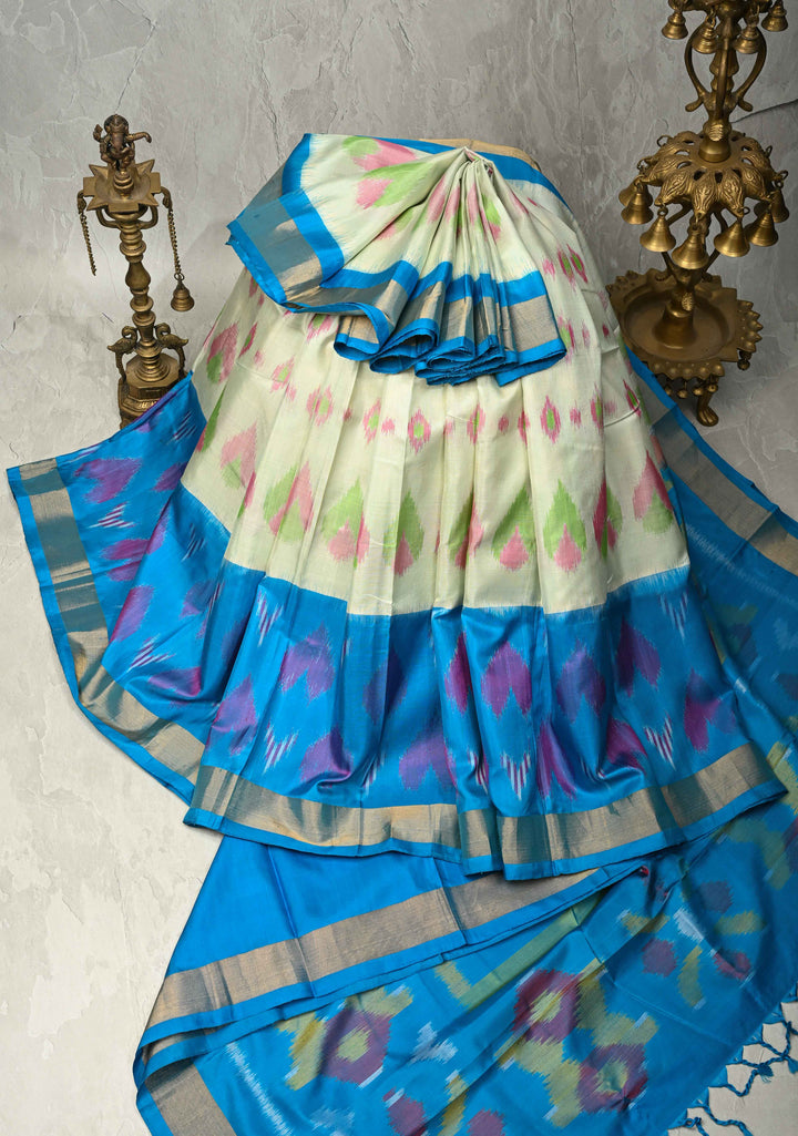 Ivory-Blue Handloom Pure Mulberry Silk Saree With Panel and muted Zari Border| SILK MARK CERTIFIED