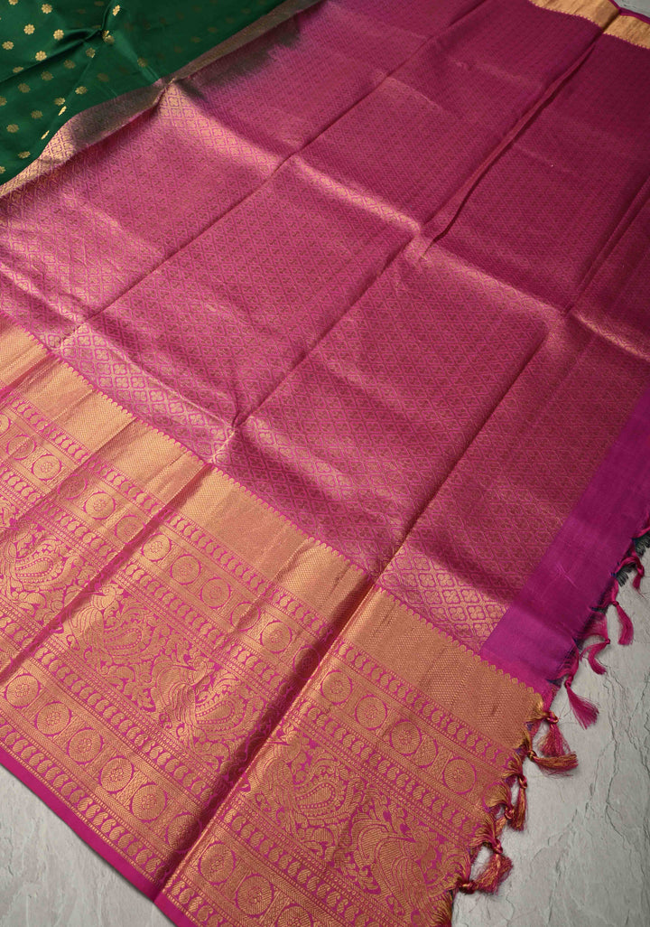 Dark Green Handloom Kanchipattu Pure Silk Saree With Chunri Buttas and wide Zari Border | SILK MARK CERTIFIED