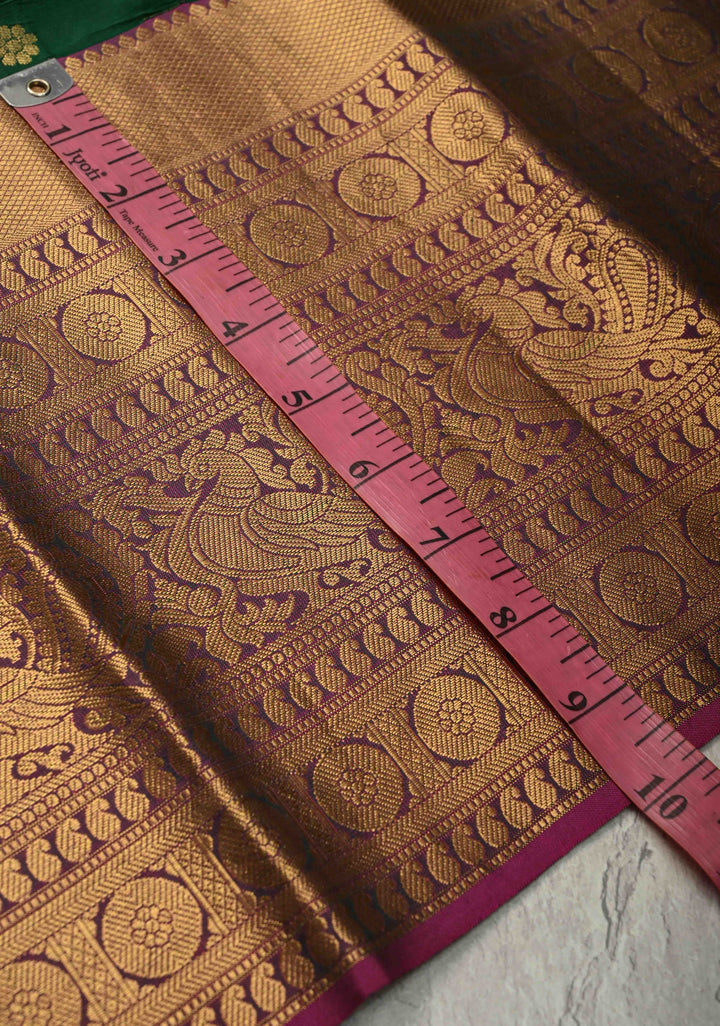 Dark Green Handloom Kanchipattu Pure Silk Saree With Chunri Buttas and wide Zari Border | SILK MARK CERTIFIED