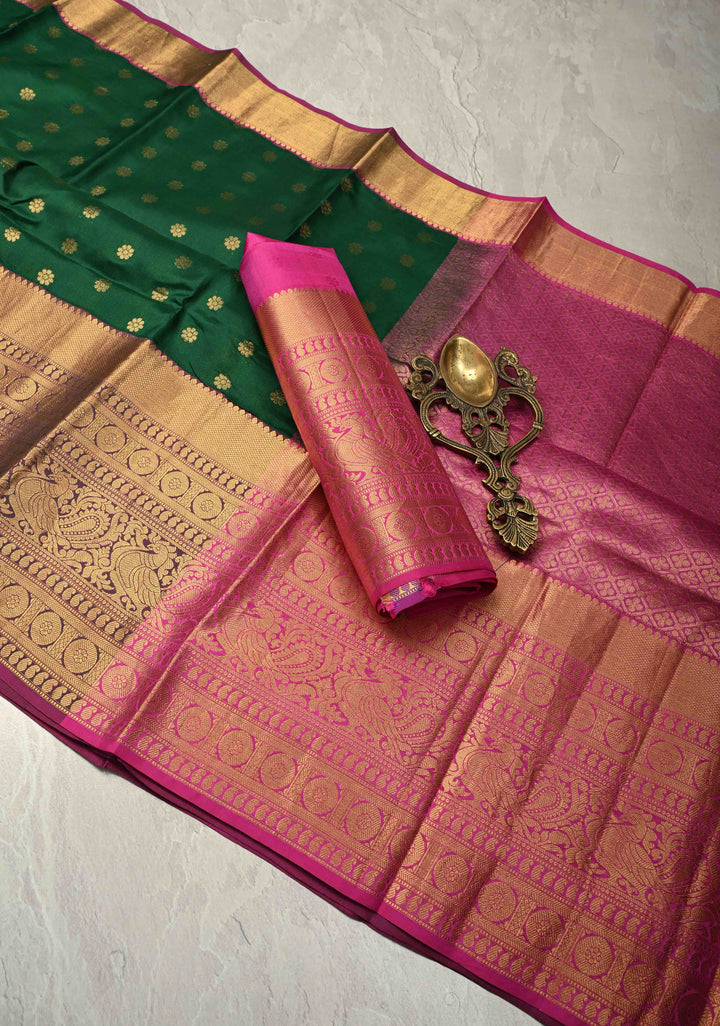 Dark Green Handloom Kanchipattu Pure Silk Saree With Chunri Buttas and wide Zari Border | SILK MARK CERTIFIED