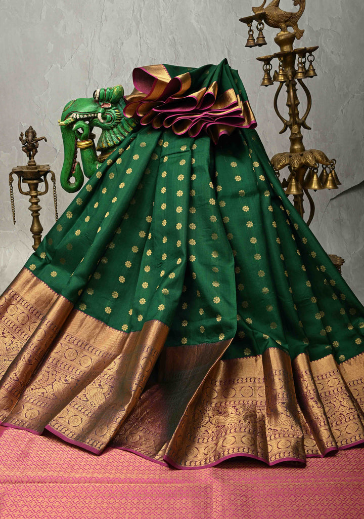 Dark Green Handloom Kanchipattu Pure Silk Saree With Chunri Buttas and wide Zari Border | SILK MARK CERTIFIED