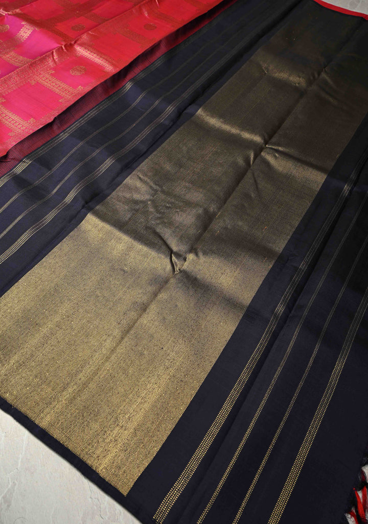 Rani Pink Dual Tone Borderless Handloom Kanchipattu Saree with Geometric Zari Brocade and Contast Pallu | SILK MARK CERTIFIED