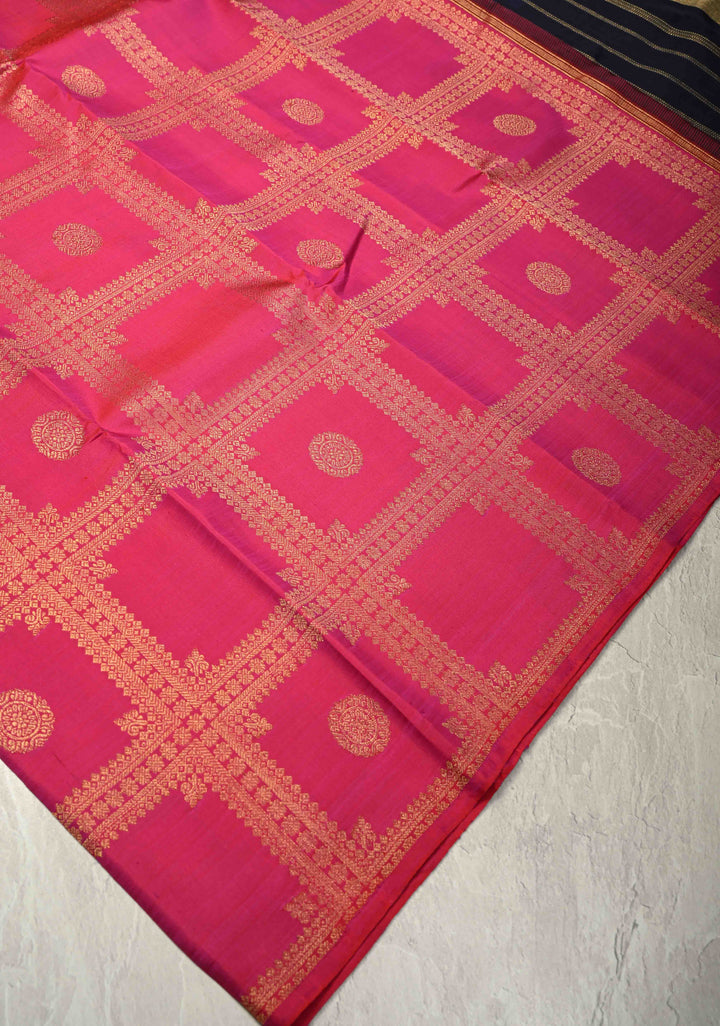 Rani Pink Dual Tone Borderless Handloom Kanchipattu Saree with Geometric Zari Brocade and Contast Pallu | SILK MARK CERTIFIED
