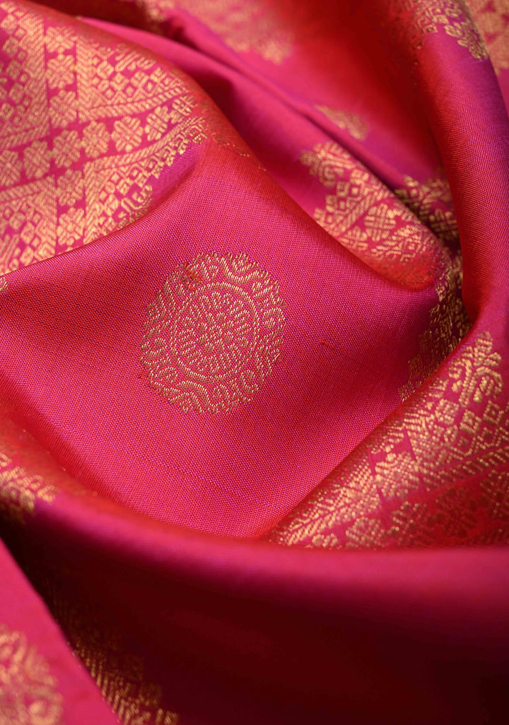 Rani Pink Dual Tone Borderless Handloom Kanchipattu Saree with Geometric Zari Brocade and Contast Pallu | SILK MARK CERTIFIED