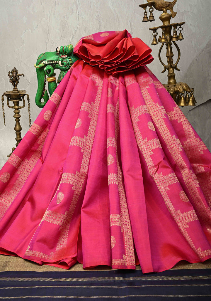 Rani Pink Dual Tone Borderless Handloom Kanchipattu Saree with Geometric Zari Brocade and Contast Pallu | SILK MARK CERTIFIED