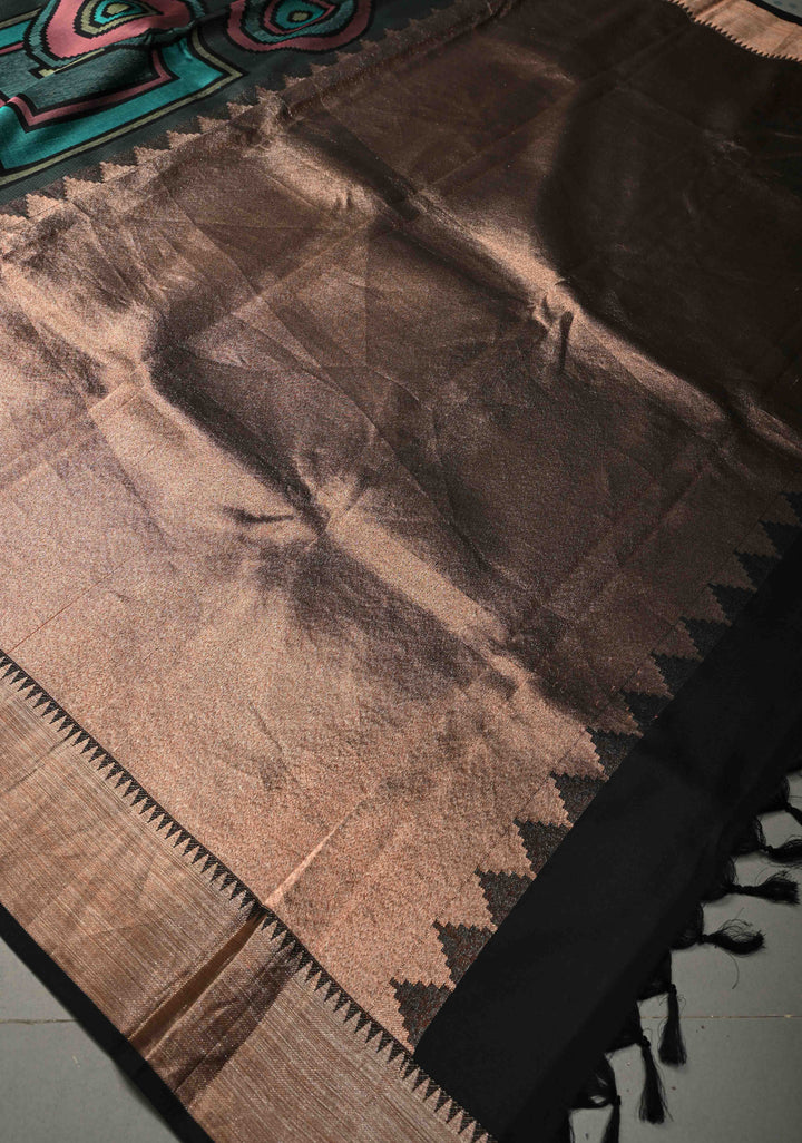 Forest Green Handloom Pure Silk Kanchipattu Saree with Geometric Weave Design and Copper Zari Border  | SILK MARK CERTIFIED | SHOBITAM