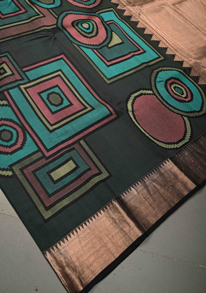 Forest Green Handloom Pure Silk Kanchipattu Saree with Geometric Weave Design and Copper Zari Border  | SILK MARK CERTIFIED | SHOBITAM