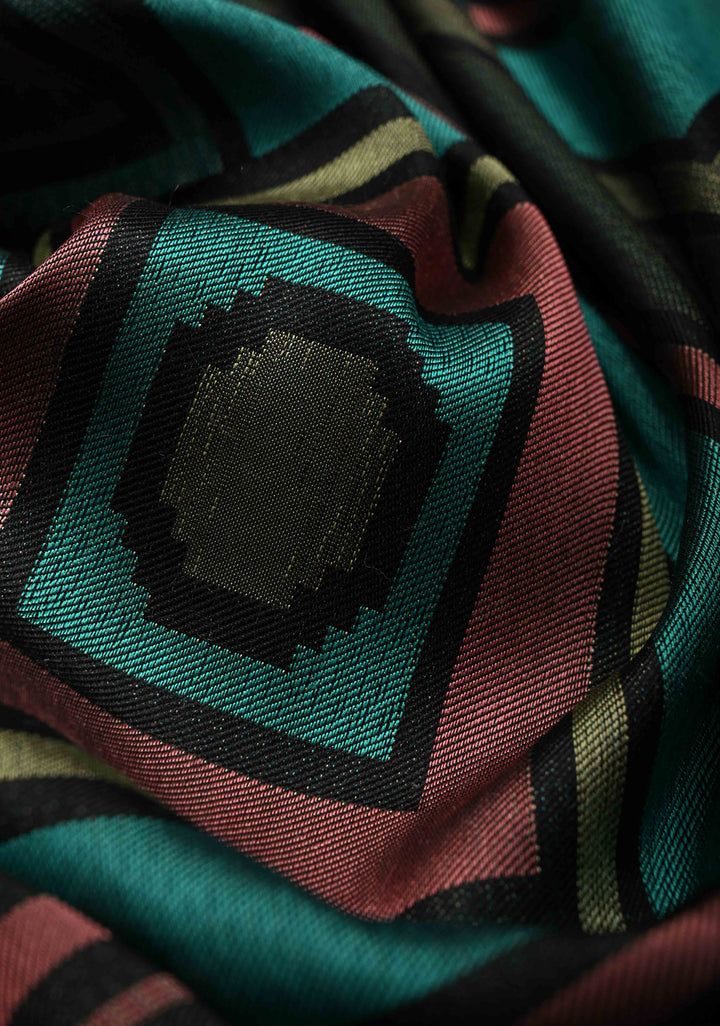 Forest Green Handloom Pure Silk Kanchipattu Saree with Geometric Weave Design and Copper Zari Border  | SILK MARK CERTIFIED | SHOBITAM