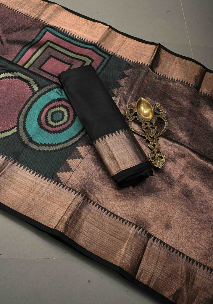Forest Green Handloom Pure Silk Kanchipattu Saree with Geometric Weave Design and Copper Zari Border  | SILK MARK CERTIFIED | SHOBITAM