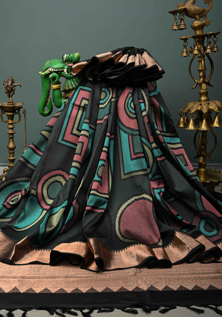 Forest Green Handloom Pure Silk Kanchipattu Saree with Geometric Weave Design and Copper Zari Border  | SILK MARK CERTIFIED | SHOBITAM