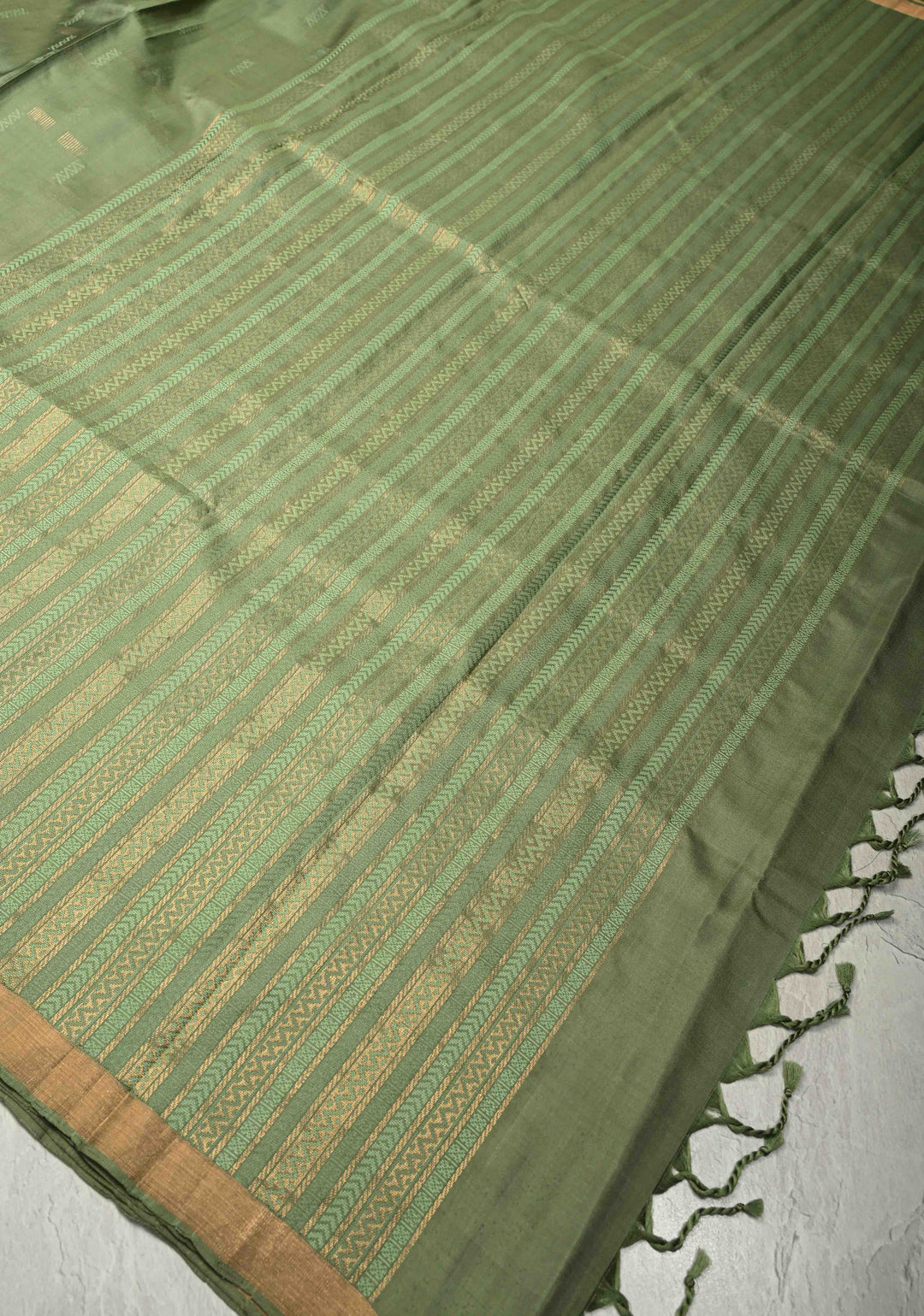 Olive Green Handloom Pure Silk Kanchi Saree With Geomatric Design and Minimal Zari Border| SILK MARK CERTIFIED