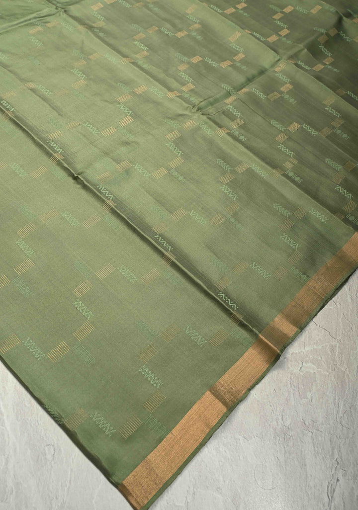 Olive Green Handloom Pure Silk Kanchi Saree With Geomatric Design and Minimal Zari Border| SILK MARK CERTIFIED