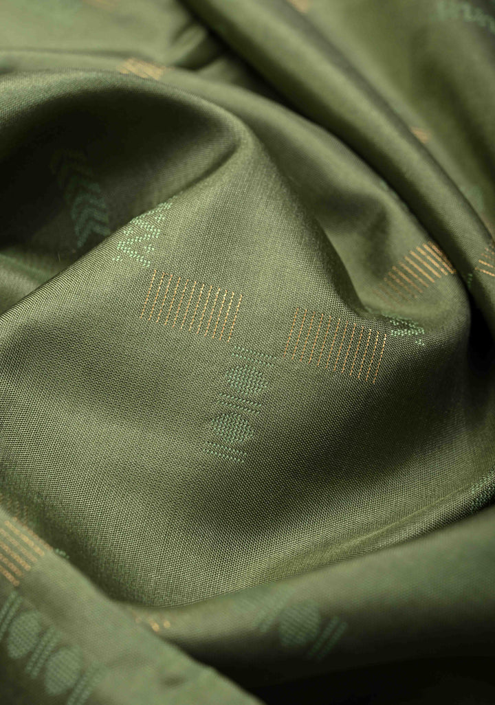 Olive Green Handloom Pure Silk Kanchi Saree With Geomatric Design and Minimal Zari Border| SILK MARK CERTIFIED