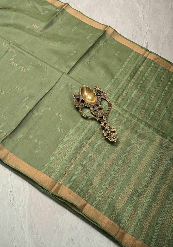 Olive Green Handloom Pure Silk Kanchi Saree With Geomatric Design and Minimal Zari Border| SILK MARK CERTIFIED