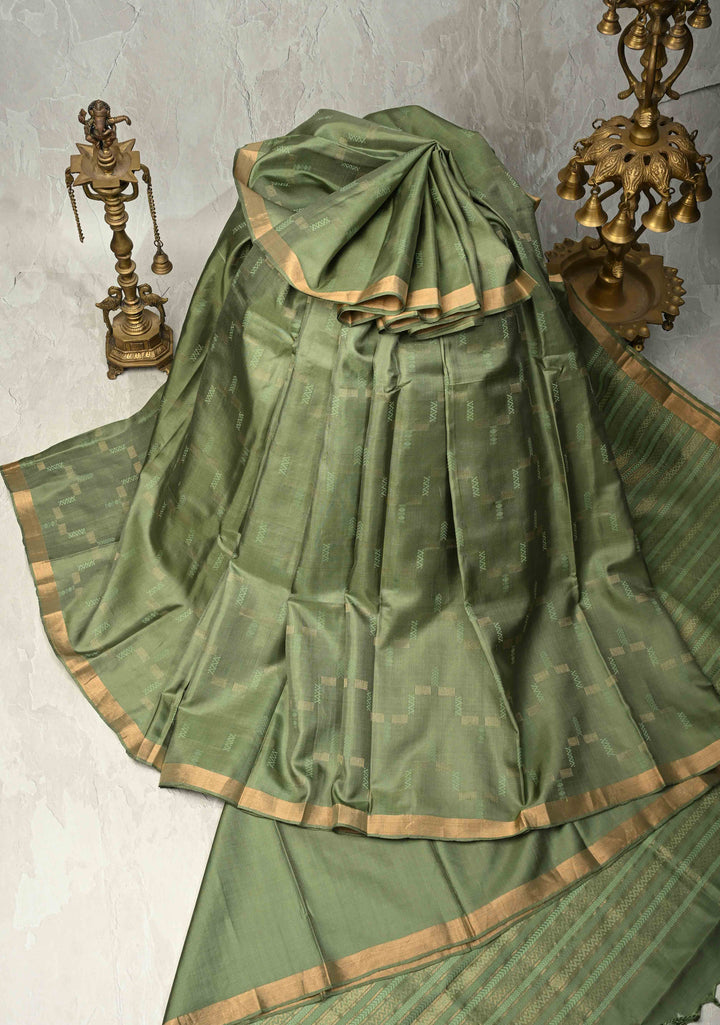 Olive Green Handloom Pure Silk Kanchi Saree With Geomatric Design and Minimal Zari Border| SILK MARK CERTIFIED