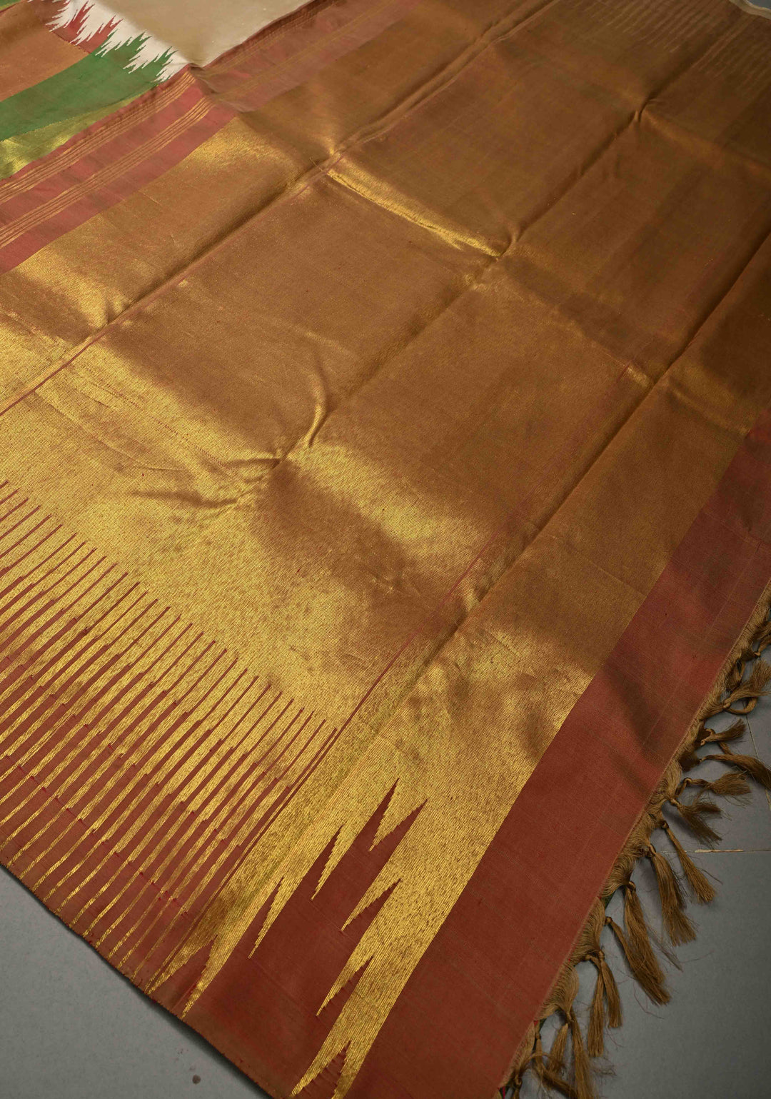 Dark Beige Handloom Pure Silk Kanchipattu Saree with Multicolor Geomatric Half Border  | SILK MARK CERTIFIED | SHOBITAM