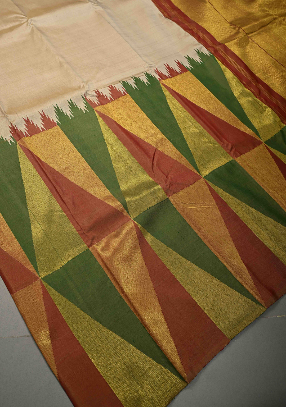 Dark Beige Handloom Pure Silk Kanchipattu Saree with Multicolor Geomatric Half Border  | SILK MARK CERTIFIED | SHOBITAM