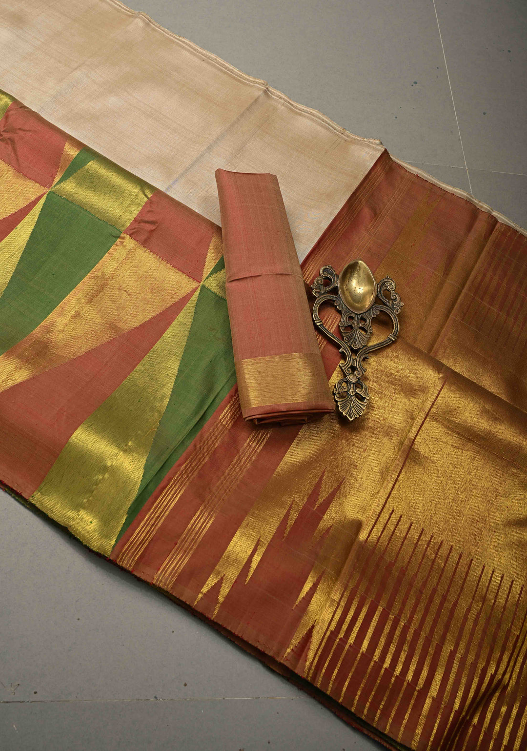 Dark Beige Handloom Pure Silk Kanchipattu Saree with Multicolor Geomatric Half Border  | SILK MARK CERTIFIED | SHOBITAM