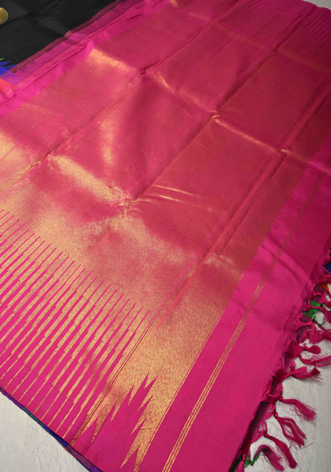 Stunning Black Handloom Pure Silk Kanjivaram Saree with Dollar Buttas and Multicolor Wide Skirt Tissue Border | SILK MARK CERTIFIED