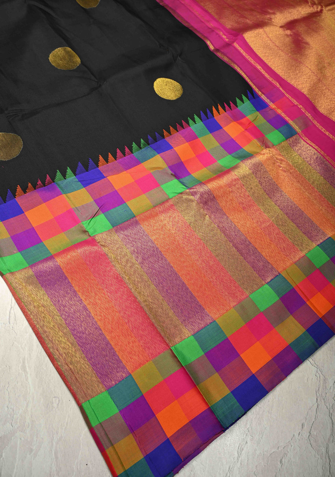 Stunning Black Handloom Pure Silk Kanjivaram Saree with Dollar Buttas and Multicolor Wide Skirt Tissue Border | SILK MARK CERTIFIED