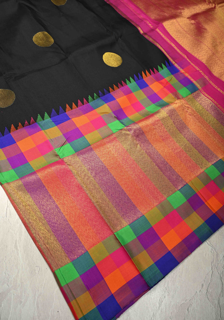 Stunning Black Handloom Pure Silk Kanjivaram Saree with Dollar Buttas and Multicolor Wide Skirt Tissue Border | SILK MARK CERTIFIED