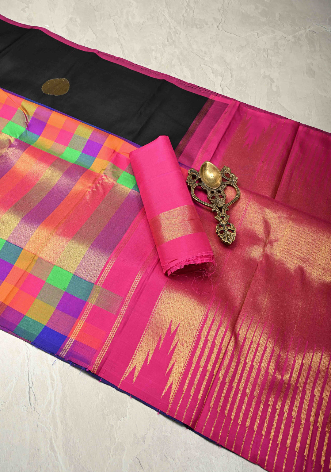 Stunning Black Handloom Pure Silk Kanjivaram Saree with Dollar Buttas and Multicolor Wide Skirt Tissue Border | SILK MARK CERTIFIED