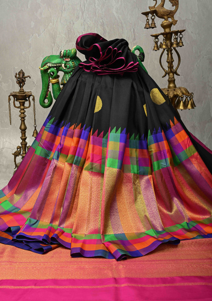 Stunning Black Handloom Pure Silk Kanjivaram Saree with Dollar Buttas and Multicolor Wide Skirt Tissue Border | SILK MARK CERTIFIED