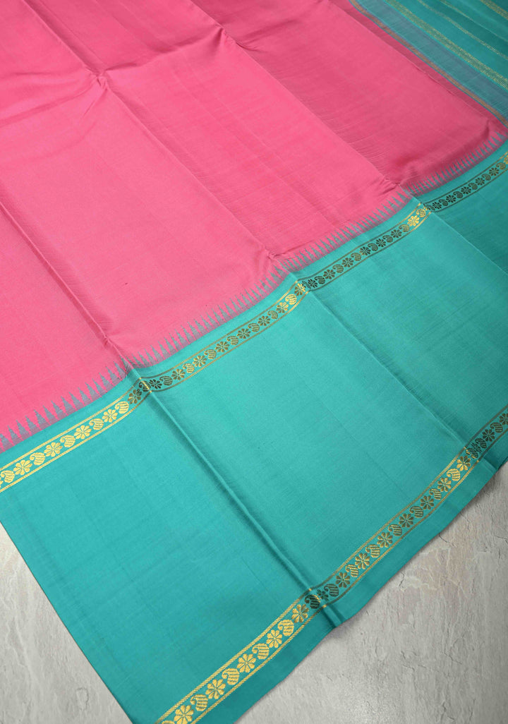 French Rose Handloom Pure Silk Kanchipattu Saree with Contrast Rettaipet Border | SILK MARK CERTIFIED