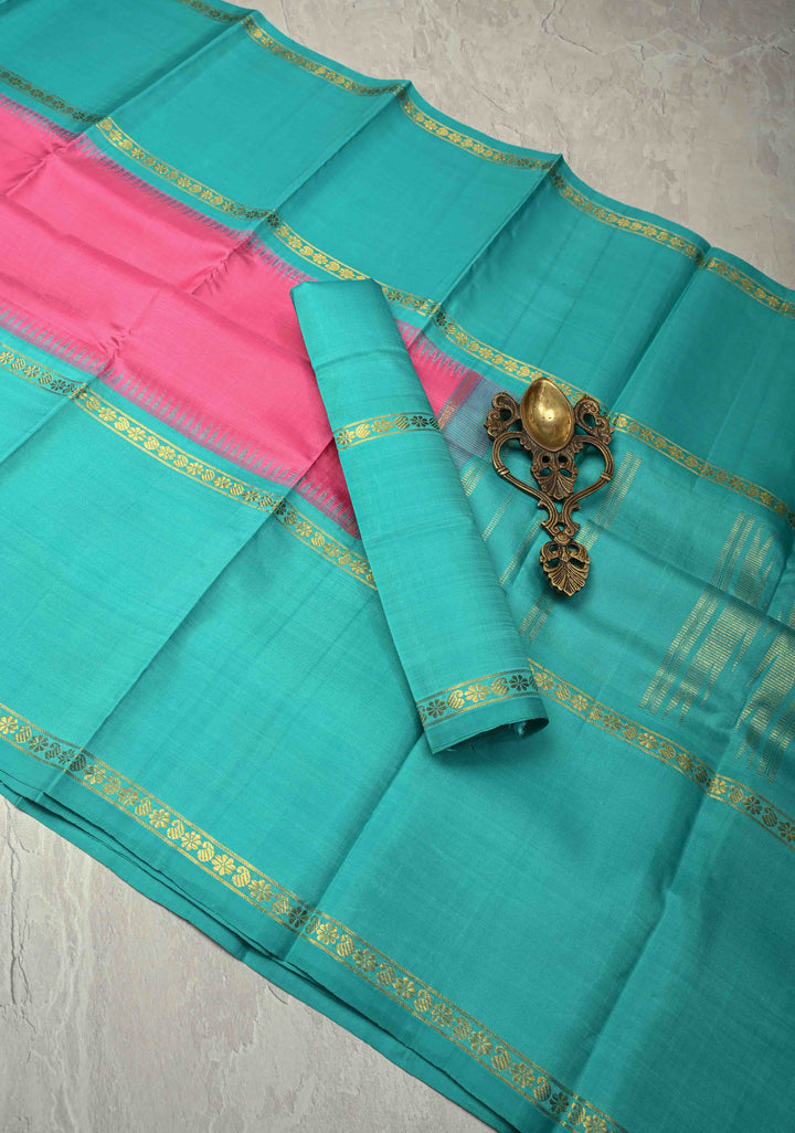 French Rose Handloom Pure Silk Kanchipattu Saree with Contrast Rettaipet Border | SILK MARK CERTIFIED