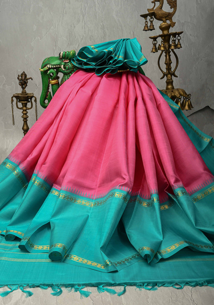 French Rose Handloom Pure Silk Kanchipattu Saree with Contrast Rettaipet Border | SILK MARK CERTIFIED