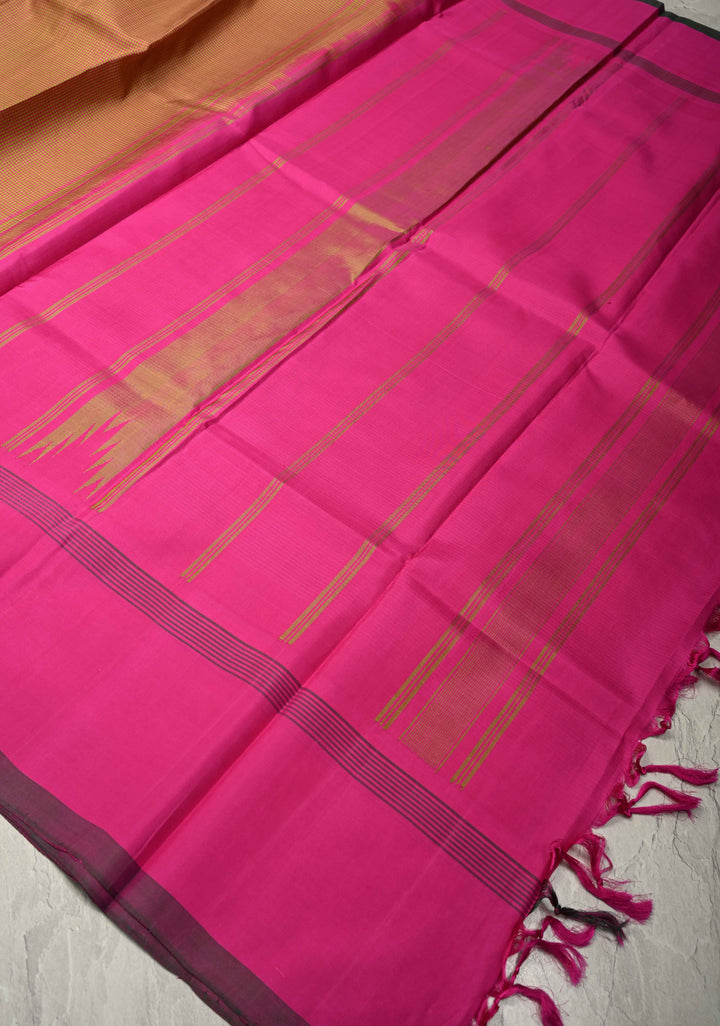 Pink-Lime Green Zariless Handloom Pure Silk Saree with Gingham Checks and Contrast Border | SILK MARK CERTIFIED