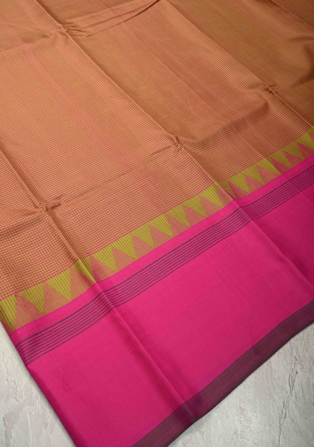 Pink-Lime Green Zariless Handloom Pure Silk Saree with Gingham Checks and Contrast Border | SILK MARK CERTIFIED