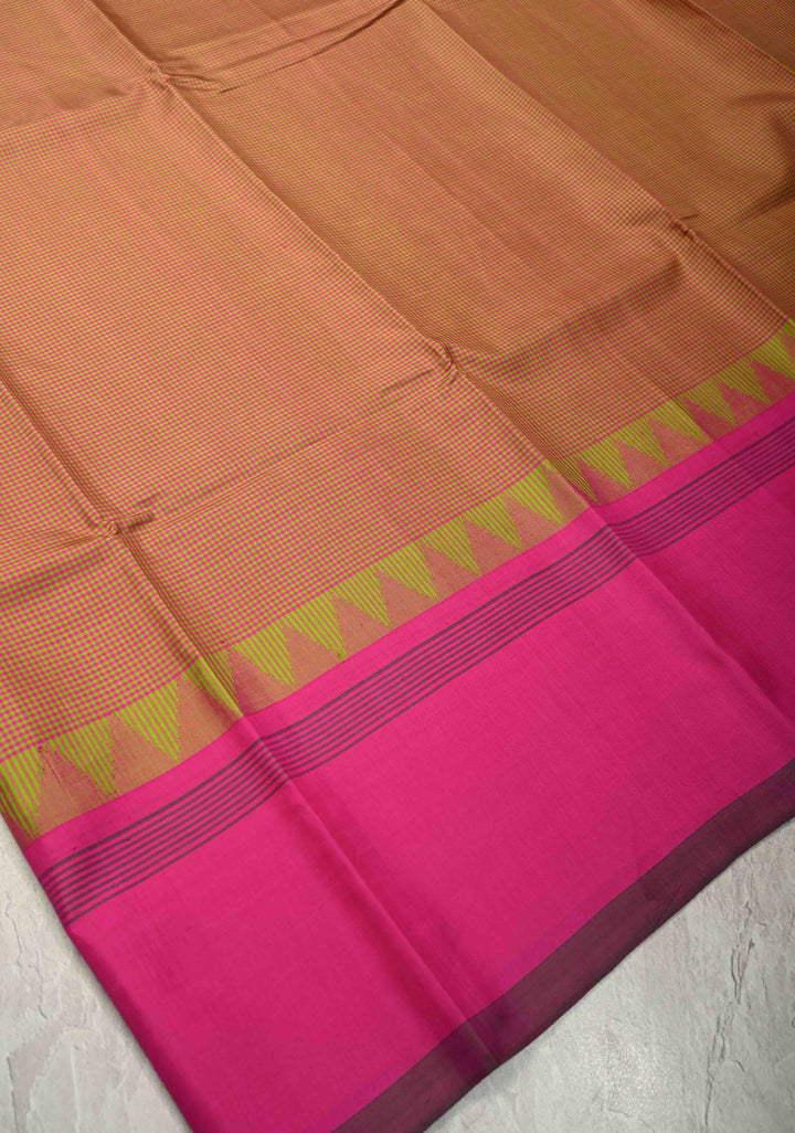Pink-Lime Green Zariless Handloom Pure Silk Saree with Gingham Checks and Contrast Border | SILK MARK CERTIFIED