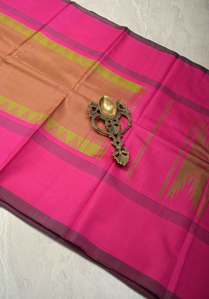 Pink-Lime Green Zariless Handloom Pure Silk Saree with Gingham Checks and Contrast Border | SILK MARK CERTIFIED