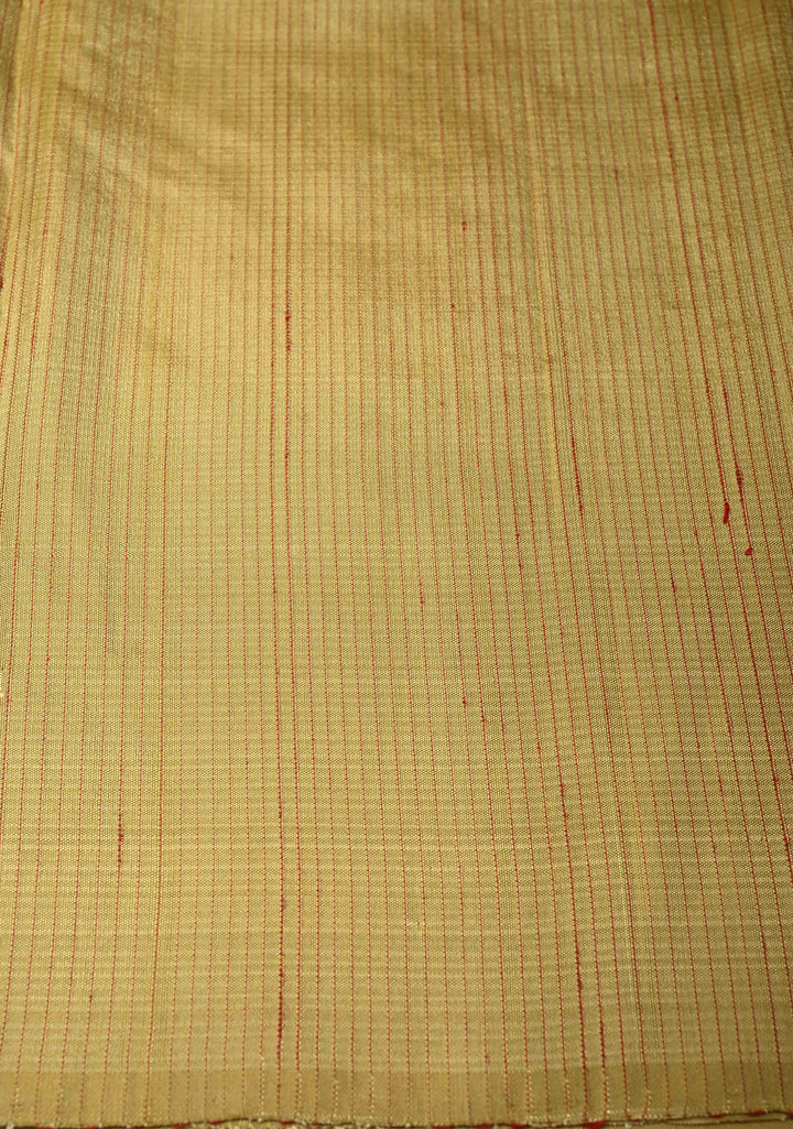 Light Olive Green Borderless Handloom Pure Silk Kanchi Saree With Buttas and Thread Stripes | SILK MARK CERTIFIED