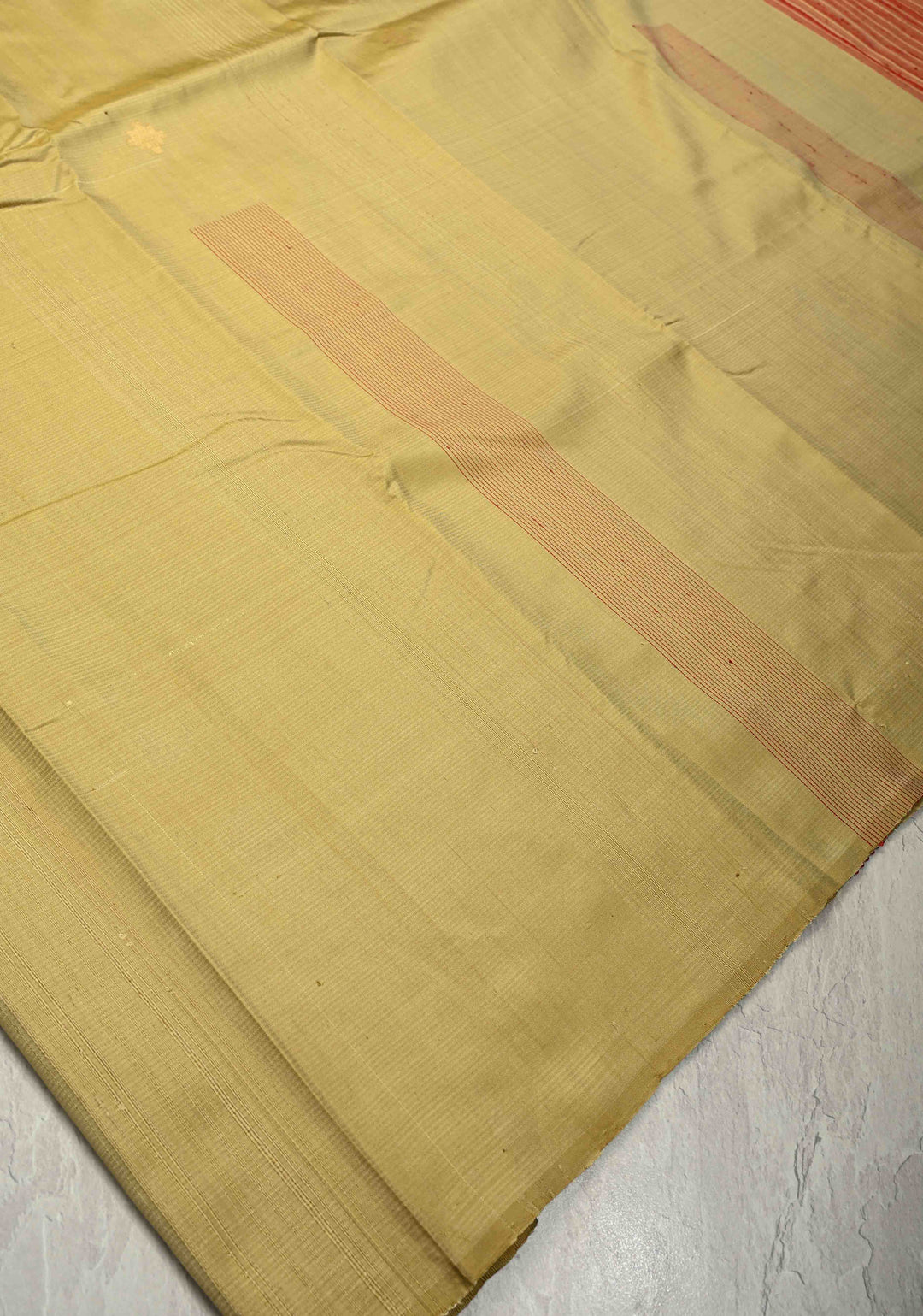 Light Olive Green Borderless Handloom Pure Silk Kanchi Saree With Buttas and Thread Stripes | SILK MARK CERTIFIED