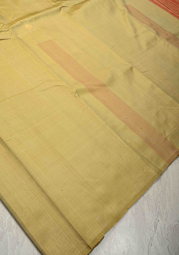 Light Olive Green Borderless Handloom Pure Silk Kanchi Saree With Buttas and Thread Stripes | SILK MARK CERTIFIED
